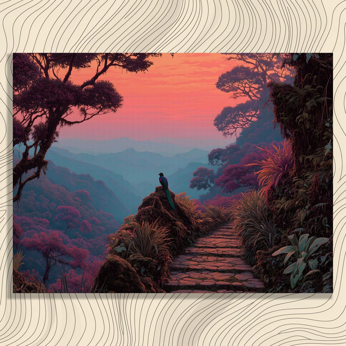 Tropical Sunset Forest Path Stone Steps Jungle Dusk Pink Sky Print