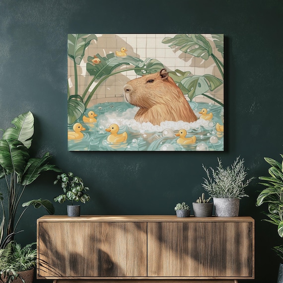 Capybara Bubble Bath With Rubber Ducks Funny Animal Art Poster