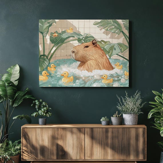 Capybara Canvas Wall Art For Bathroom Rodent Illustration With Rubber Ducks Tropical Plants Pastel Decor Decoration Home Or Office