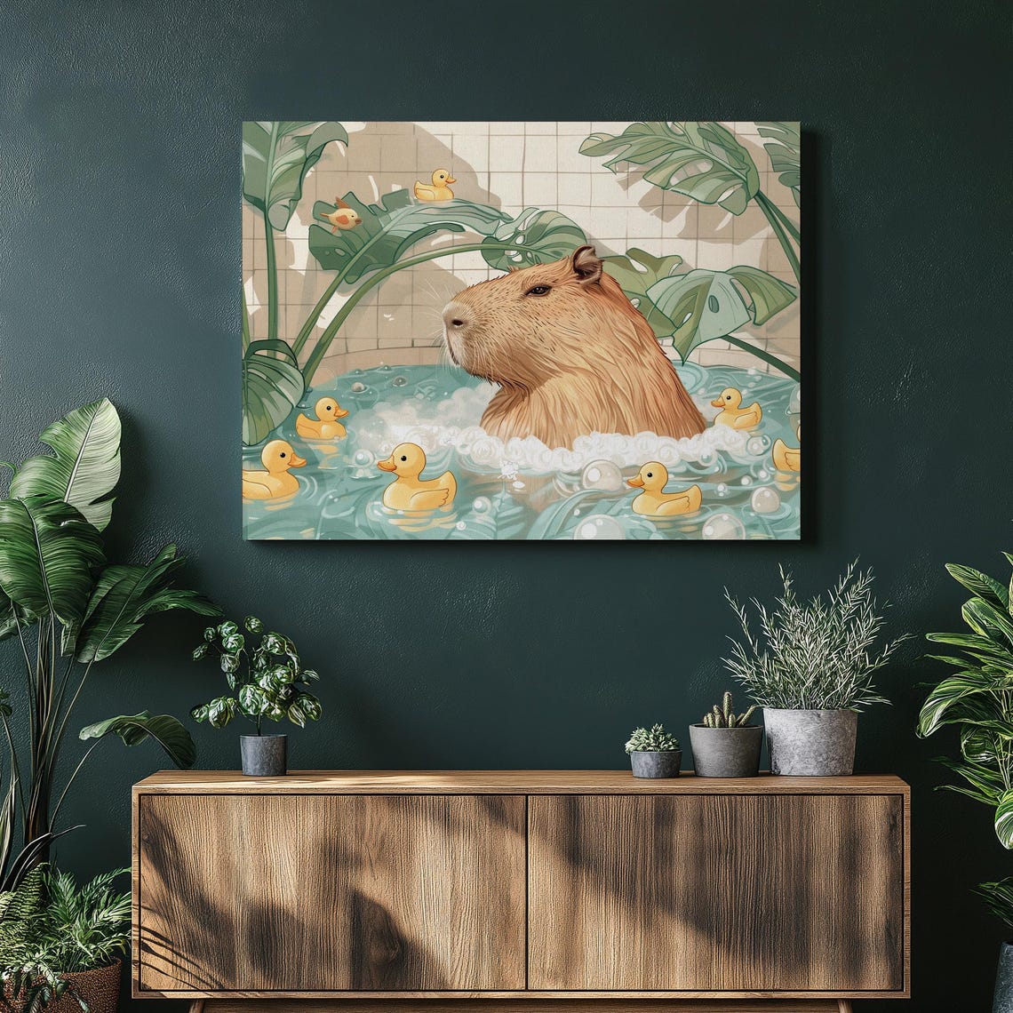Capybara Bubble Bath With Rubber Ducks Funny Animal Art Poster