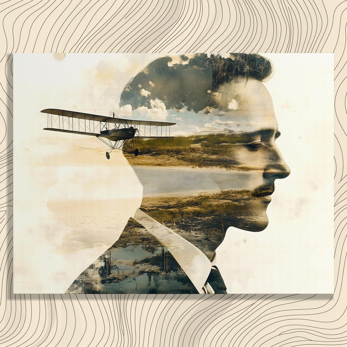 Vintage Biplane Double Exposure Portrait Sepia Aviation Poster