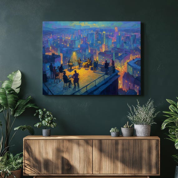 Rooftop Jazz Cityscape Canvas Wall Art Modern Skyline Painting At Dusk Colorful Urban Lights City View Night Band Artwork