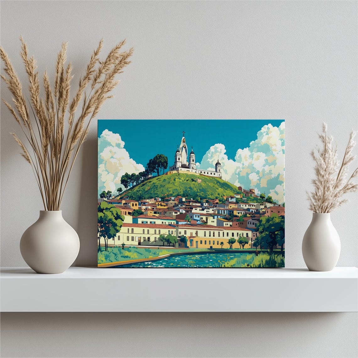 Hilltop Church Village Colorful Pop Art Townscape With River Print