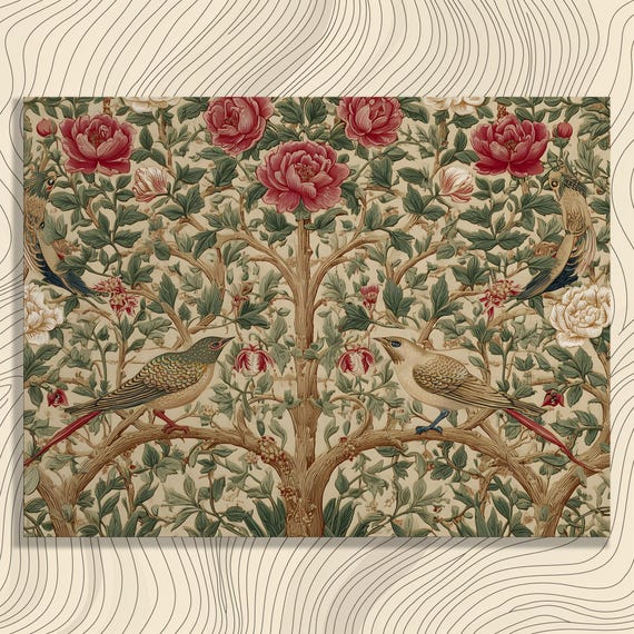 Vintage Bird Peony Canvas Wall Art Botanical Print With Long Tailed Birds Wallpaper Style Nature Inspired Design Beige Green
