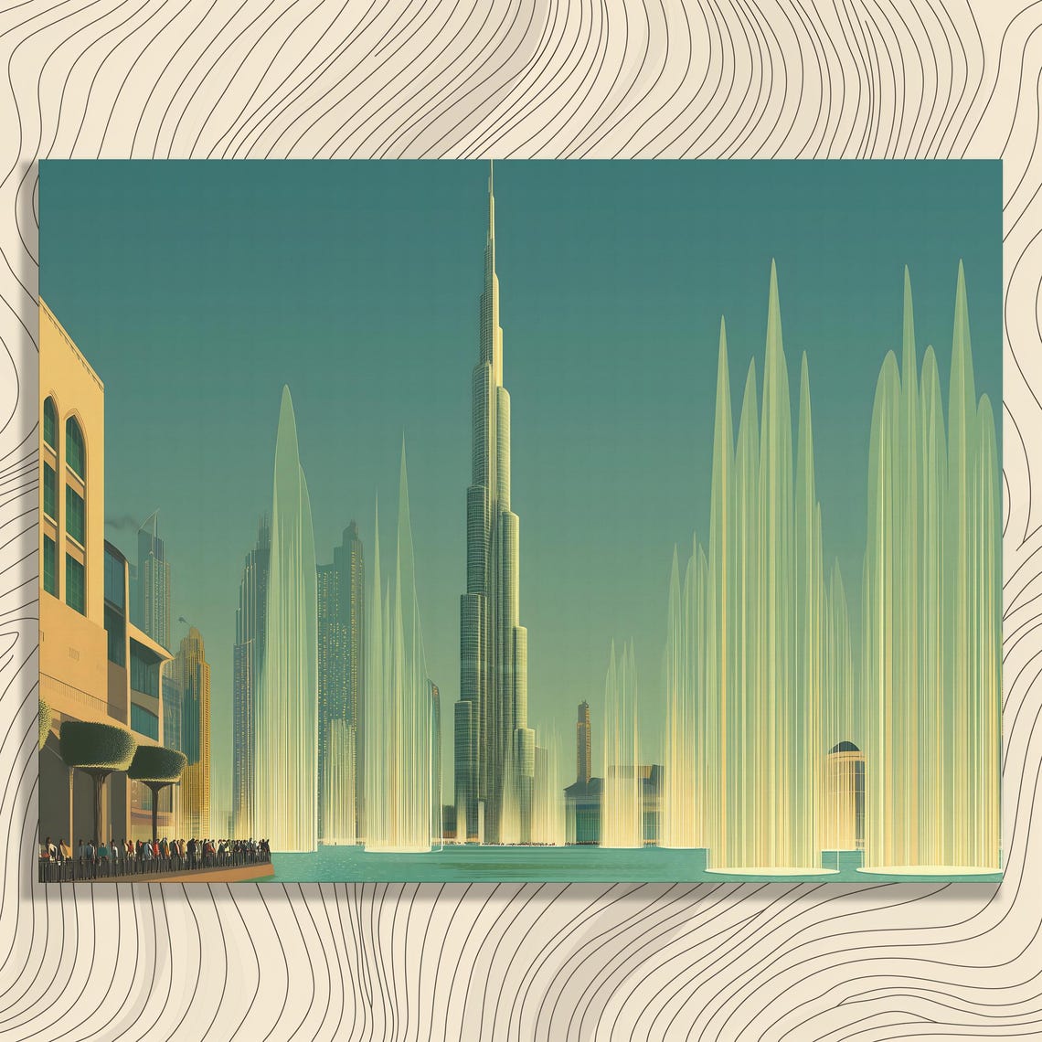 Burj Khalifa Dubai Skyline Dancing Fountains Stylized Poster