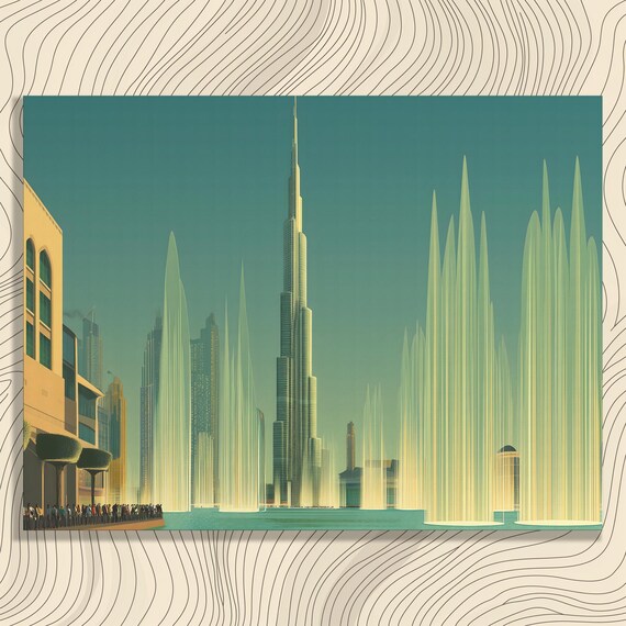 Stylized Cityscape Canvas Wall Art Modern City Skyline Print With Skyscraper And Fountains For Home Office Premium Gallery Decor