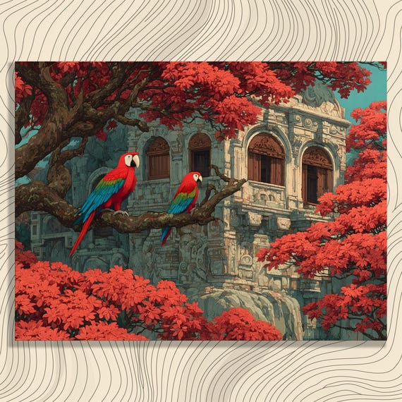 Jungle Parrots Canvas Wall Art Vibrant Macaw Decor With Ancient Ruins