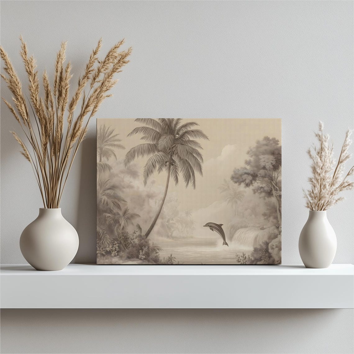Leaping Dolphin Sepia Palm Jungle Waterfall Vintage Art Poster