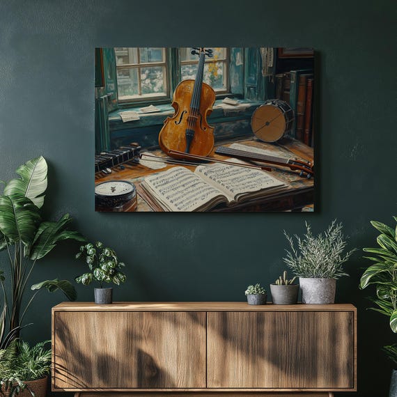 Musical Instruments Canvas Wall Art Violin Guitar Flute Decor Print Cozy Music Room Gift Decoration For Home Office Hallway Or Bedroom