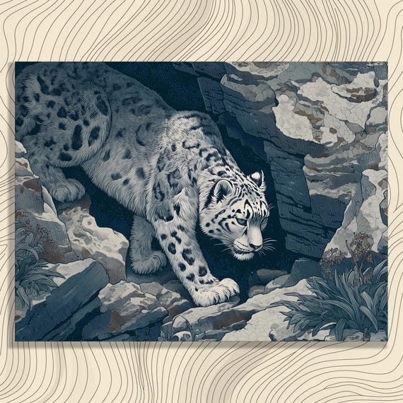 Snow Leopard Canvas Wall Art Modern Wildlife Print Big Cat Design Mountain Decor Line Painting Gift Nature Illustration Starry Sky