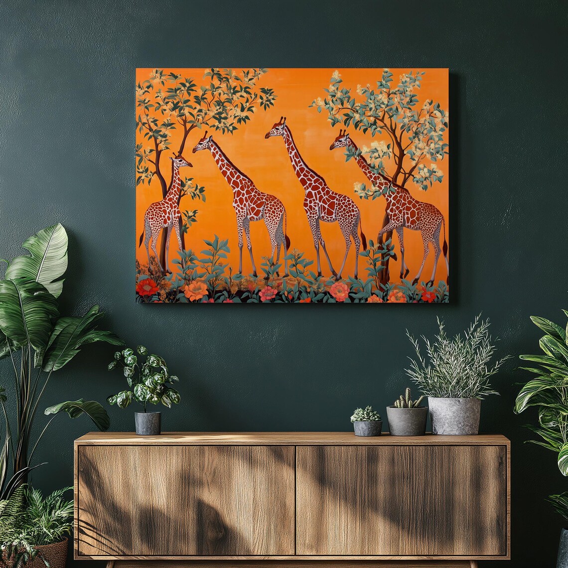 Giraffe Safari Canvas Wall Art Vibrant Orange Savannah With Acacia Trees And Florals