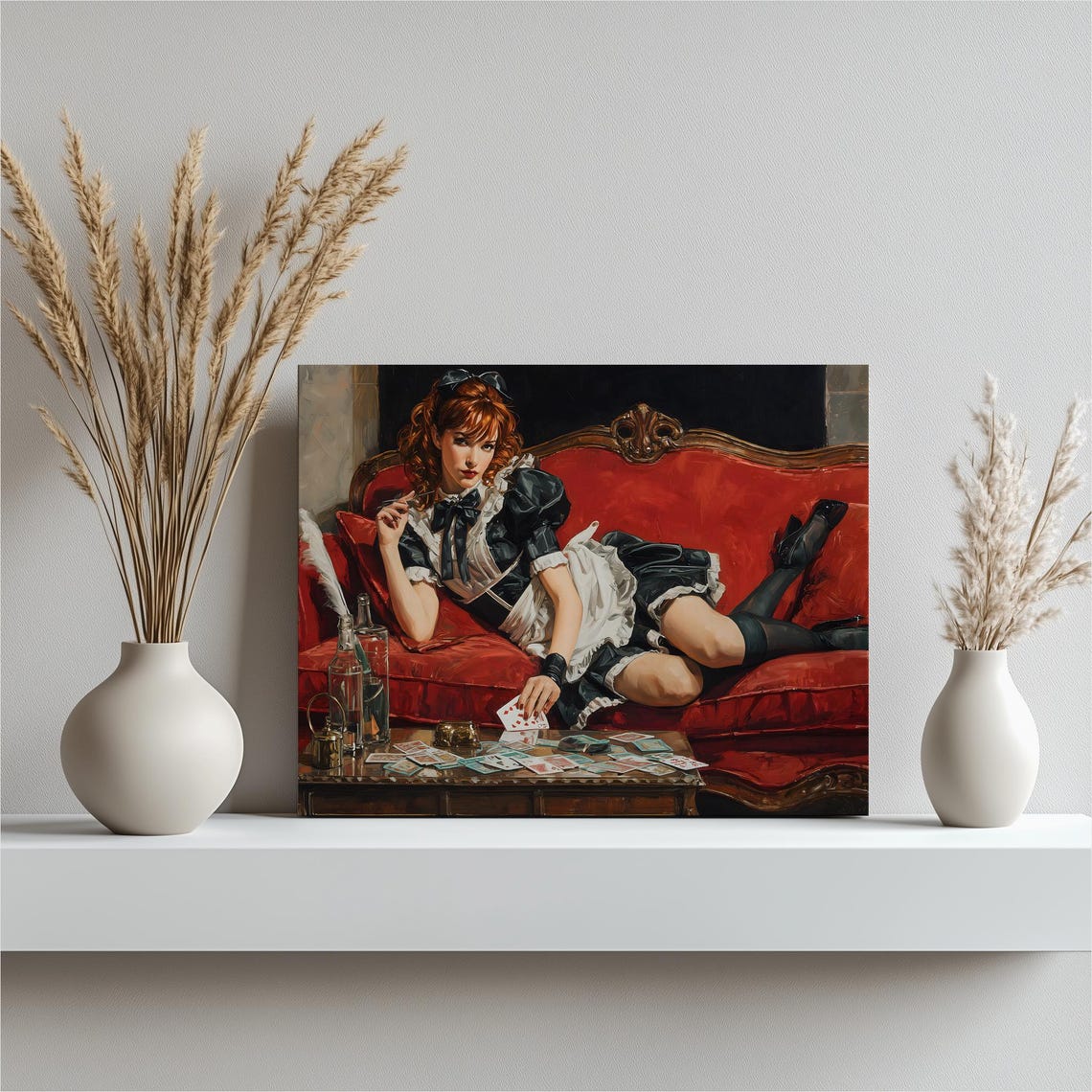 Charming Retro French Maid Pinup Red Velvet Sofa Card Game Wall Art