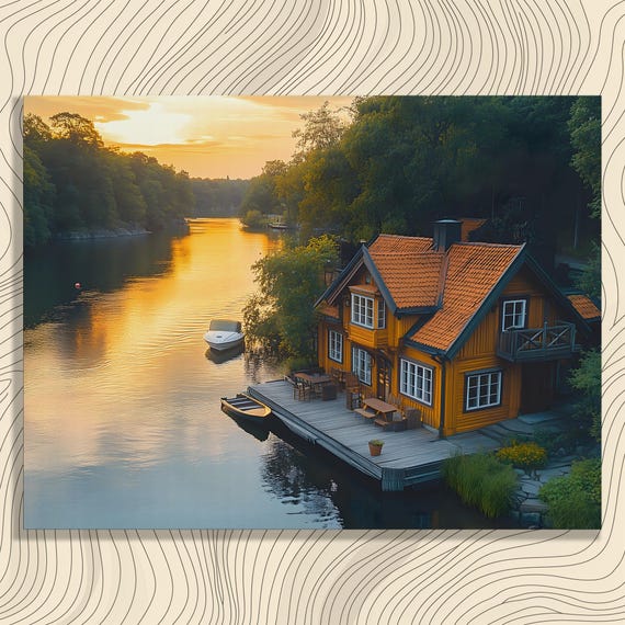Lakeside Cabin Sunset Canvas Wall Art Scandinavian Cottage By Tranquil River With Boat Golden Hour Reflections Rustic Landscape Print