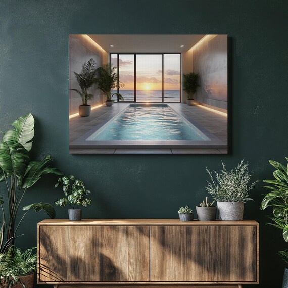 Indoor Pool Ocean View Poster Luxury Sunset Modern Coastal Escape Art