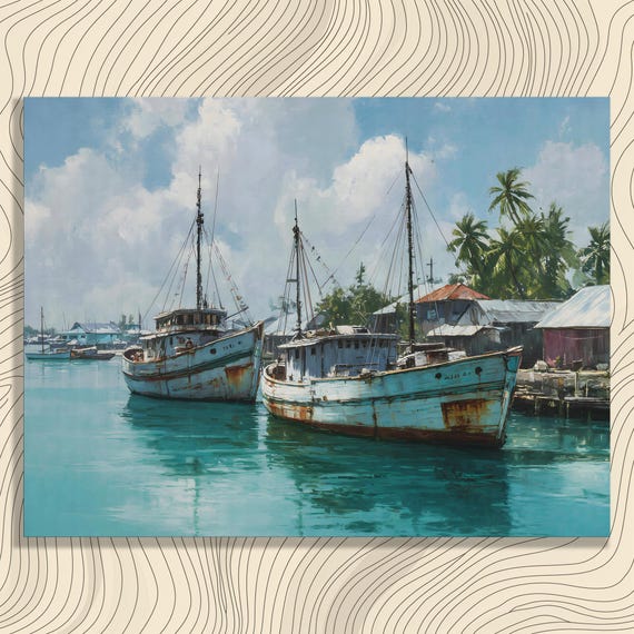Tropical Boats Canvas Wall Art Coastal Seascape Painting With Palm Trees Weathered Fishing Boat Harbor Nautical Beach Decor