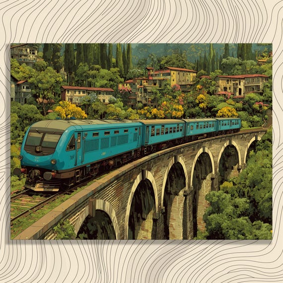 Vibrant Blue Train Canvas Wall Art Stone Bridge Railway Landscape Print Impressionism Hillside Scenery Vintage Travel Decor