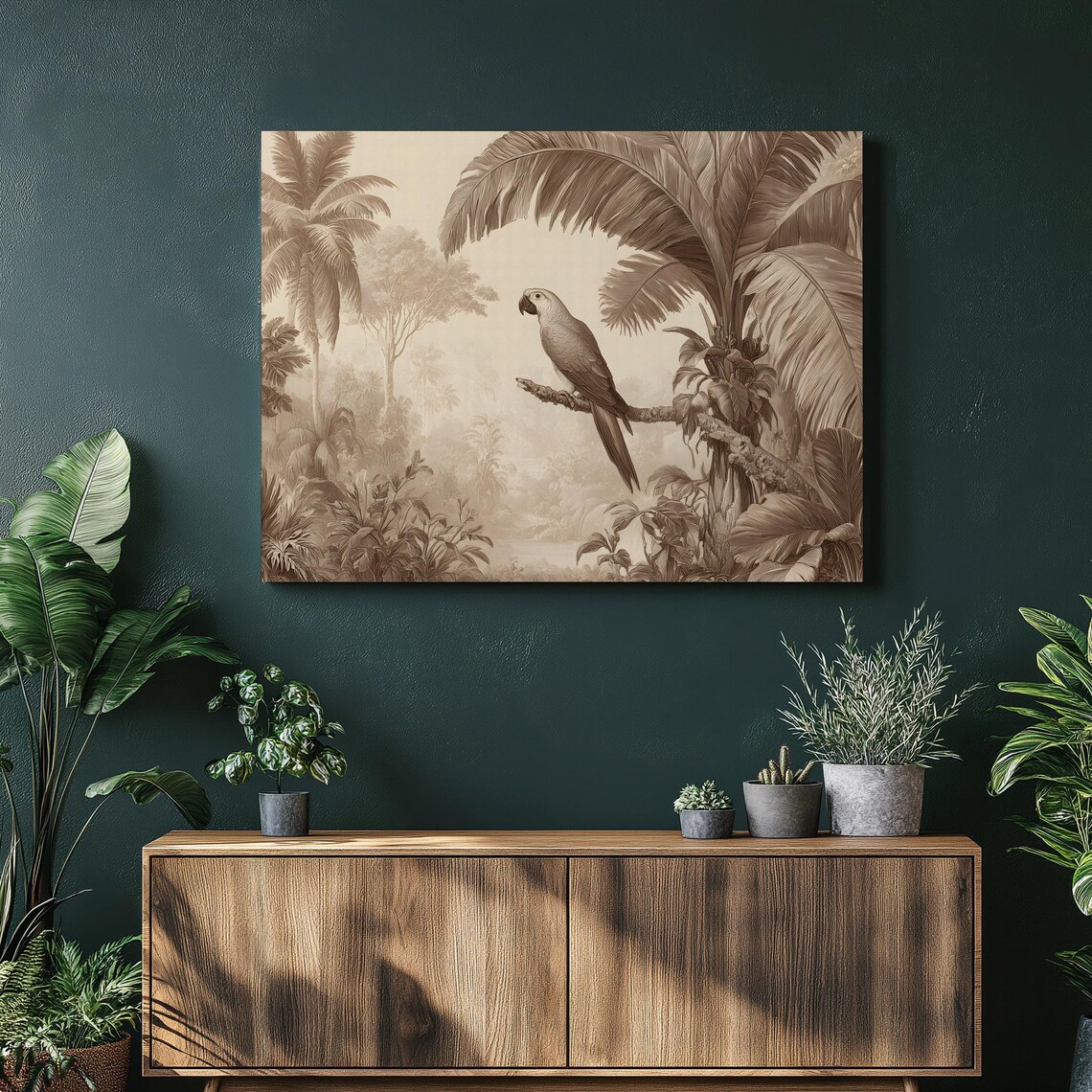 Tropical Parrot Jungle Sepia Vintage Engraving Style Canvas Print