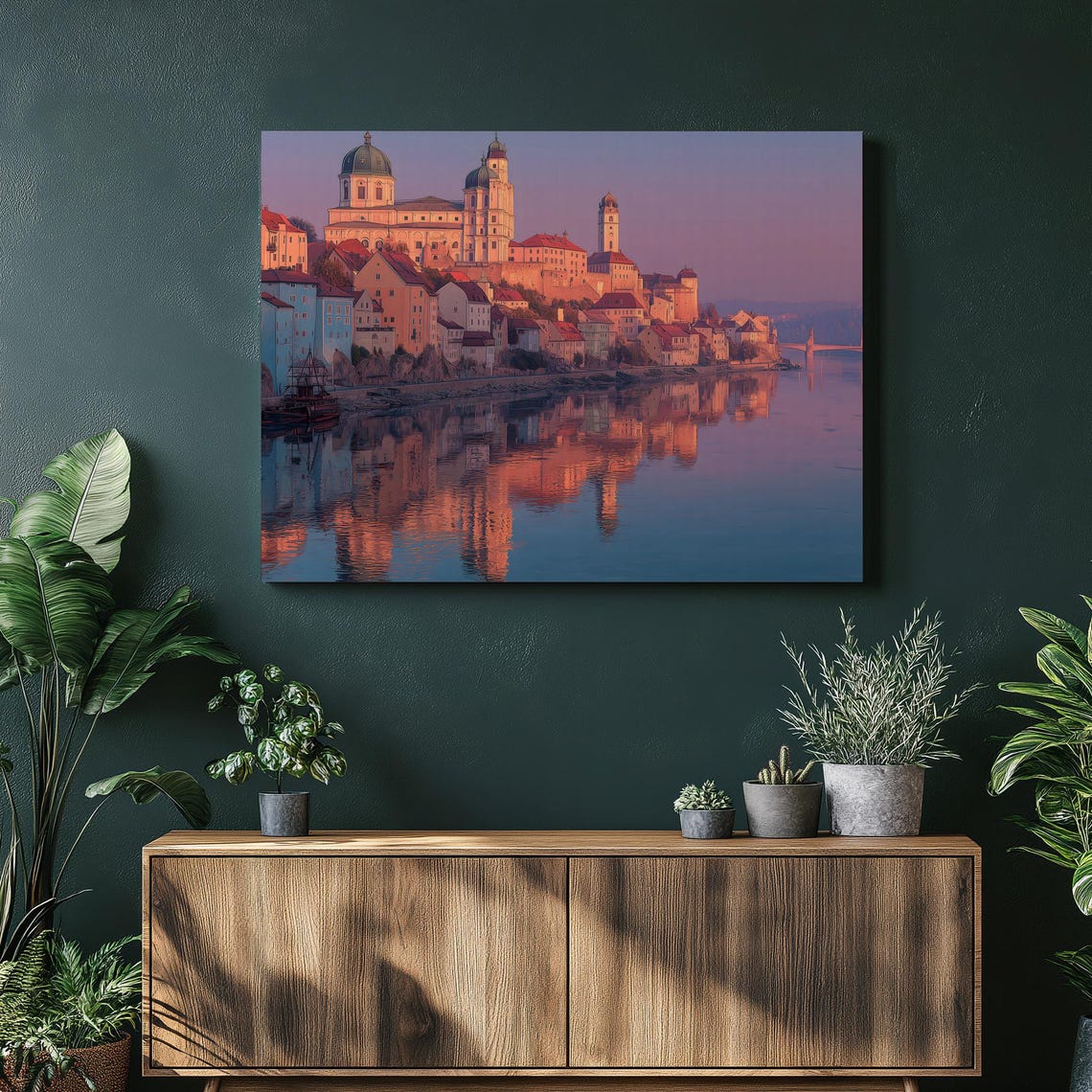 Old European Riverside Town Sunset Cathedral Reflection Poster