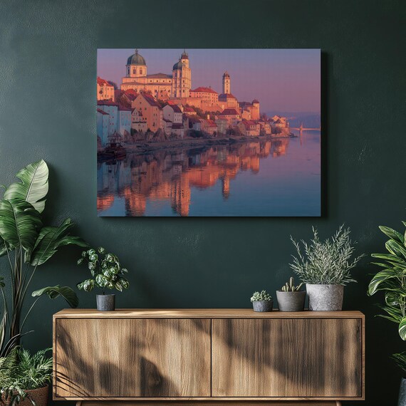 European Cityscape Canvas Wall Art Pastel Riverside Town Print Colorful Cathedral Reflection Architecture Painting Travel Gift Decor
