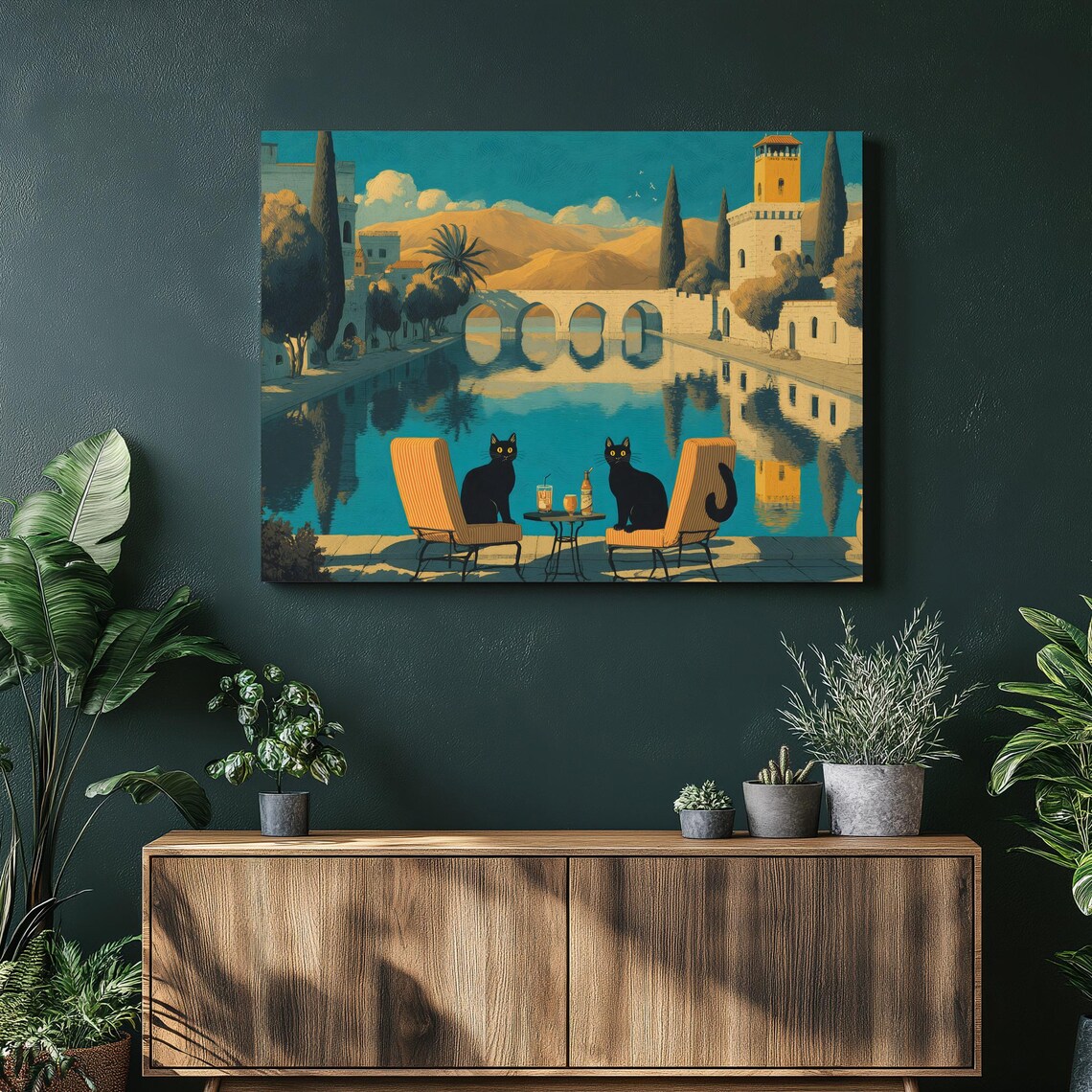 Two Black Cats Lounging At Sunny Mediterranean Canal Cafe Print