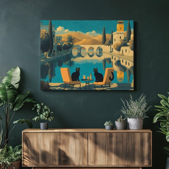 Two Black Cats Lounging At Sunny Mediterranean Canal Cafe Print