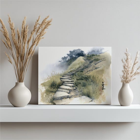 Misty Mountain Path Canvas Wall Art Serene Watercolor Landscape Ink Wash Painting Garden Stone Steps Cobblestone Pathway Sumi E