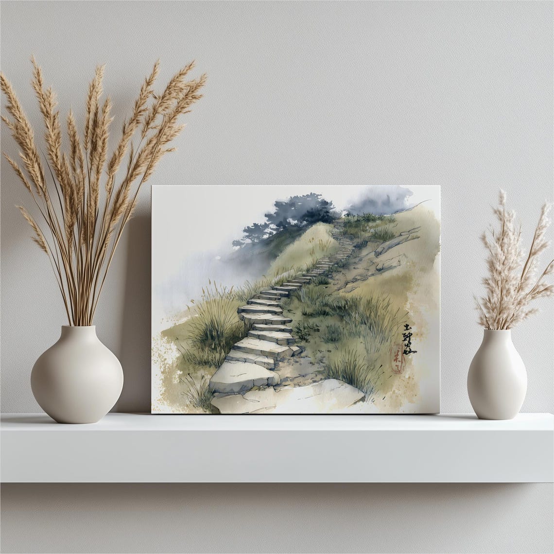 Misty Mountain Path Ink Wash Watercolor Serene Landscape Poster