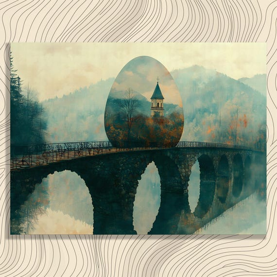 Dreamlike Stone Bridge Canvas Wall Art Surrealist Landscape Reflection Painting Print Abstract Forest Decor Enthusiasts Collectors