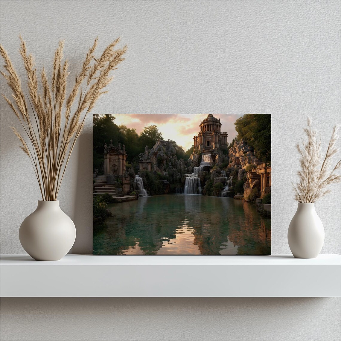 Sunset Waterfall Temple Baroque Cascades Grandiose Art Poster
