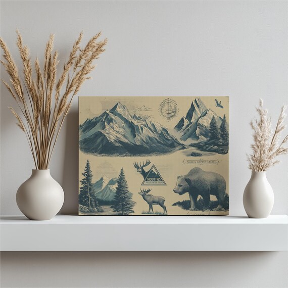 Vintage Mountain Wildlife Canvas Wall Art Rustic Forest Engraving Bear Deer Elk Scene Nature Decor Compass Print Retro Landscape