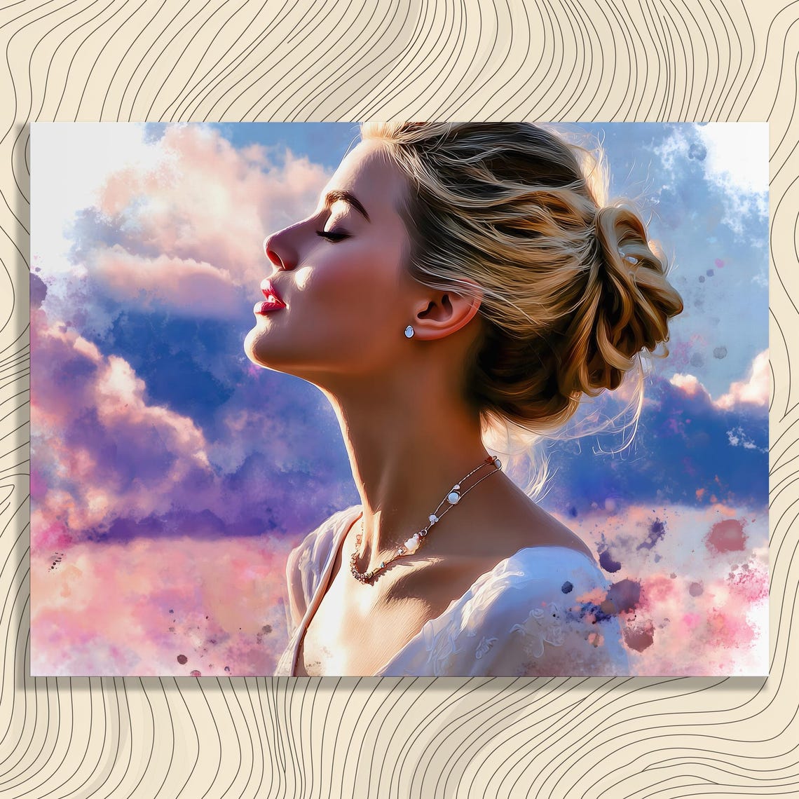 Dreamy Woman Profile Watercolor Portrait Sunset Clouds Poster