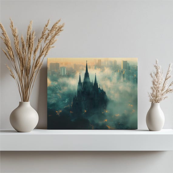 Brazil Cathedral Skyline Canvas Wall Art Misty Cityscape With Spires In Fog Moody Urban Architecture Print For Modern Home Decor