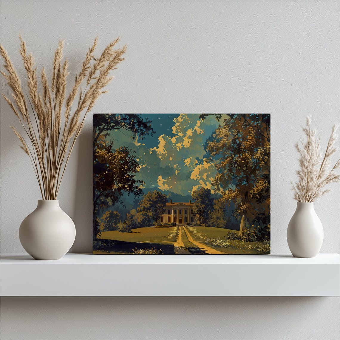 Historic Brick Manor At End Of Tree Lined Driveway Dusk Poster