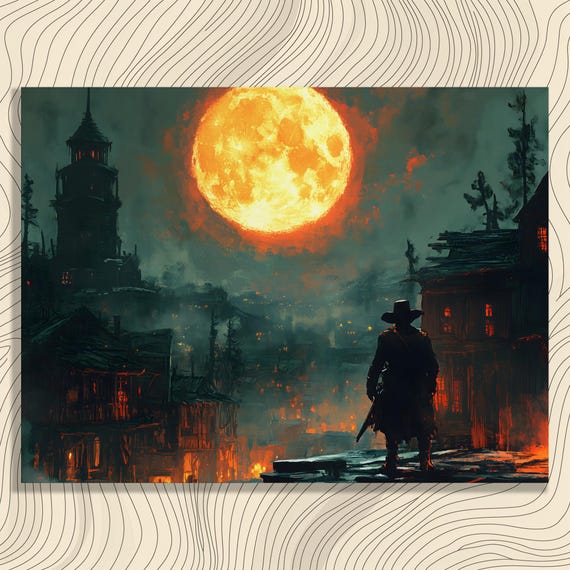 Gothic Moonlit Canvas Wall Art Haunting Nightscape Silhouette Print Eerie Mystery Town Shadowy Decor Dark For Collectors