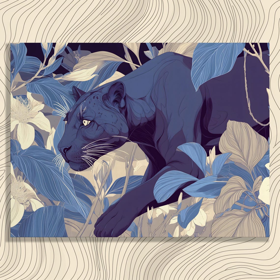 Black Panther Prowling Blue Tropical Foliage Modern Botanical Poster