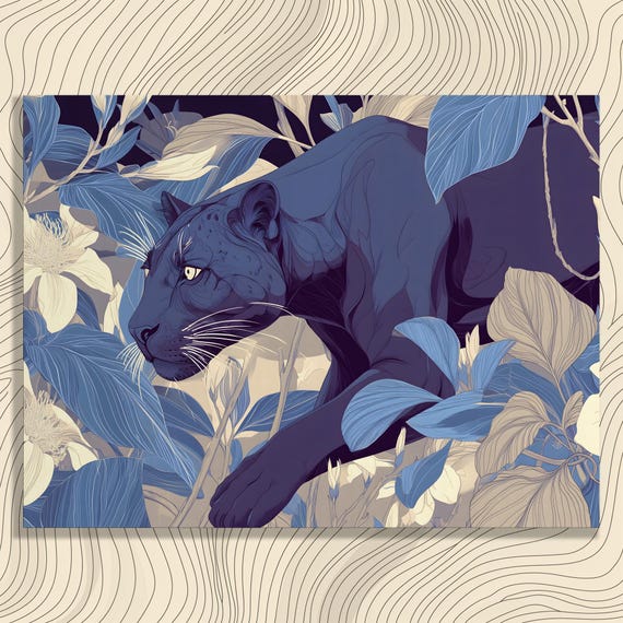 Panther Botanical Modern Canvas Wall Art Tropical Foliage Floral Line Illustration Blue Beige Nature Decor Big Feline Jungle Inspired