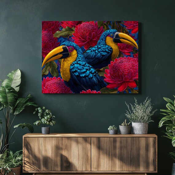 Colorful Toucan Jungle Canvas Wall Art Tropical Bird Botanical Print Chrysanthemum Flowers Lush Foliage Wildlife Painting Boho Decor Gift