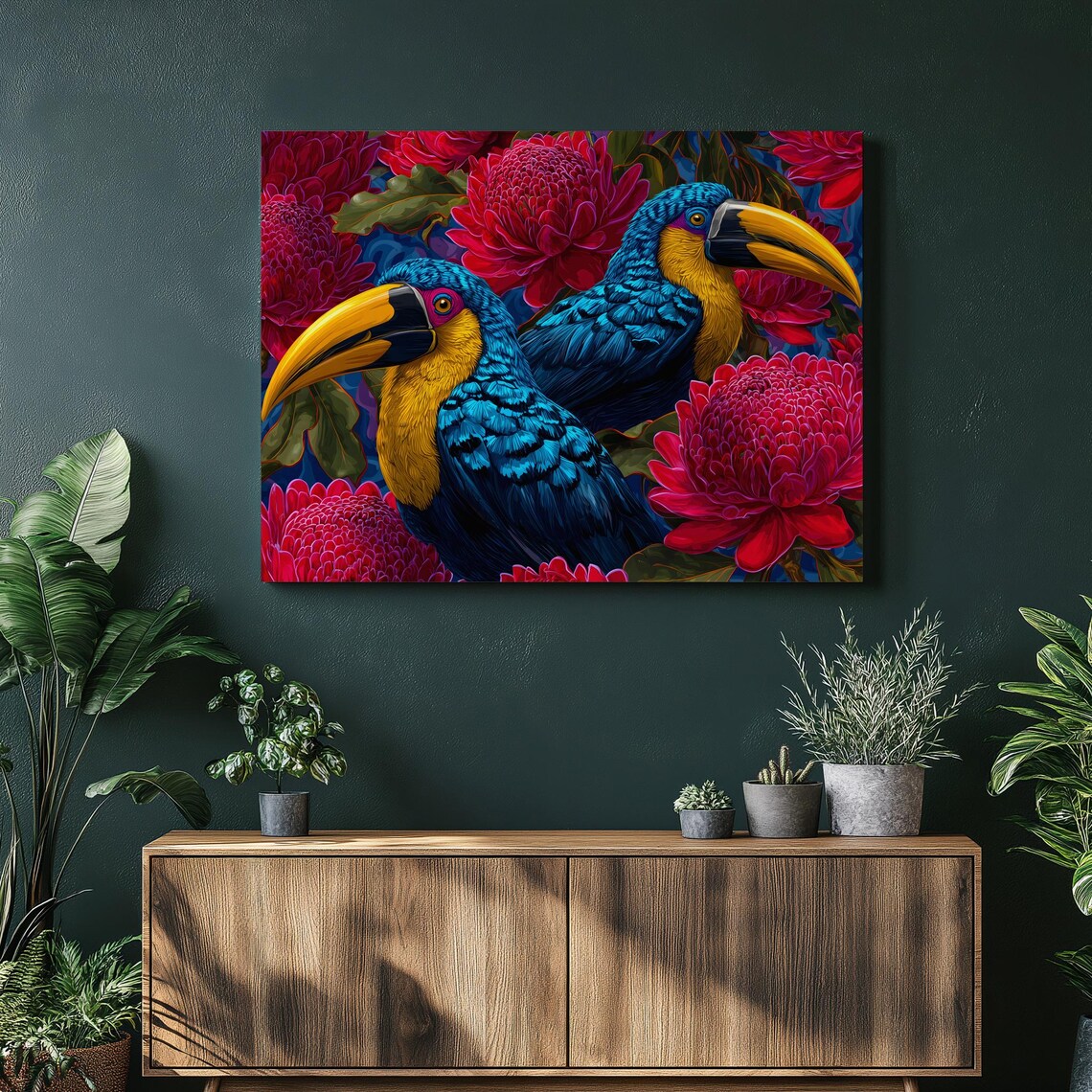 Two Colorful Toucans Among Red Tropical Flowers Bird Art Poster