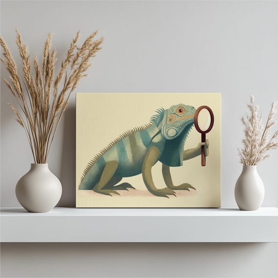 Iguana Detective Canvas Wall Art Modern Wildlife Lizard Nature Print Tropical Reptile Design Vector Poster Magnifying Detail