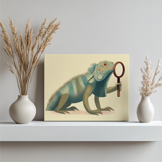 Iguana Detective With Magnifying Glass Funny Lizard Illustration Poster