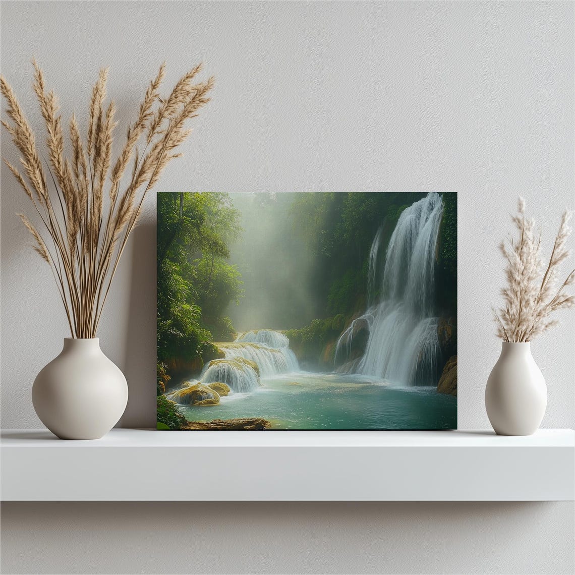 Tropical Waterfall Misty Jungle Turquoise Pool Nature Canvas Print
