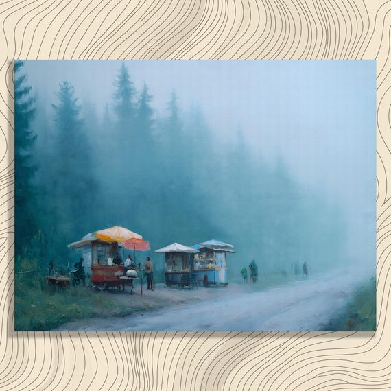Misty Forest Road Canvas Wall Art Impressionist Painting Foggy Nature Print Modern Landscape Decor Blue Minimalist Food Cart Scene Gift