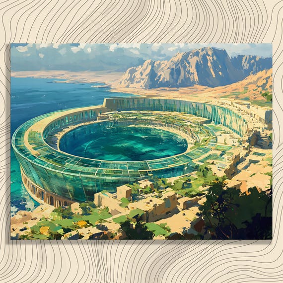 Futuristic Coastal City Canvas Wall Art Modern Architectural Design Print Landscape Painting Sea Circular Structure Decor
