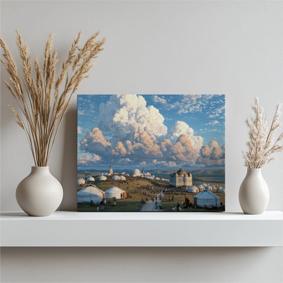 Nomadic Steppe Festival Canvas Wall Art Yurt Landscape Traditional Scenery Dramatic Clouds Sunset Panorama Mongolian Decor Bohemian