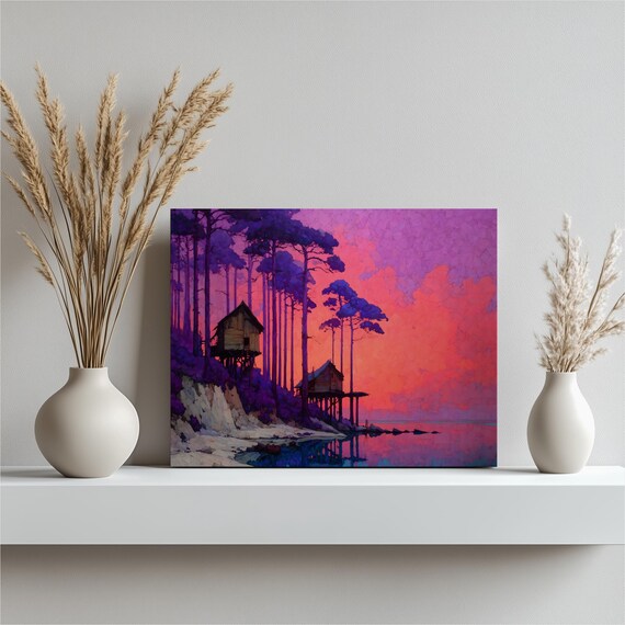 Dreamy Purple Sunset Stilt Houses Pine Forest Lake Canvas Poster
