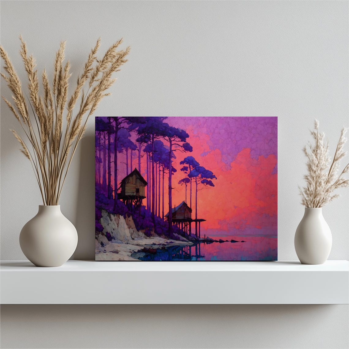 Dreamy Purple Sunset Stilt Houses Pine Forest Lake Canvas Poster