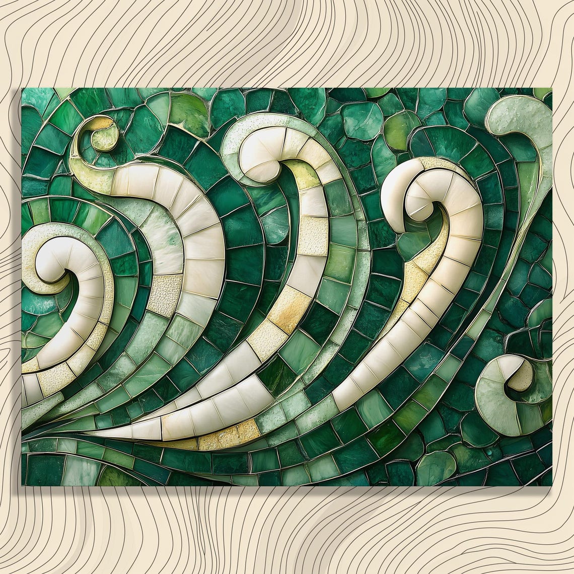Emerald Green White Mosaic Swirls Organic Curves Modern Poster