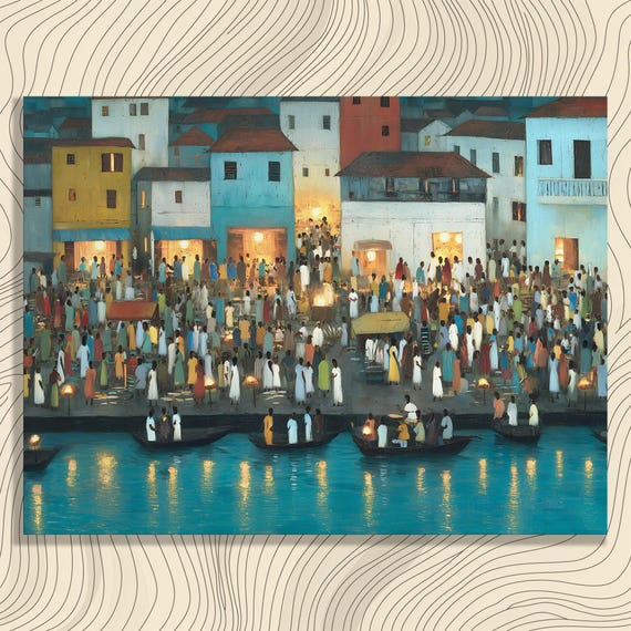 Colorful Night Market Canvas Wall Art Lantern Lit Waterfront Cityscape Painting With Working Boats River Scene Harbor Decor Vibrant Print