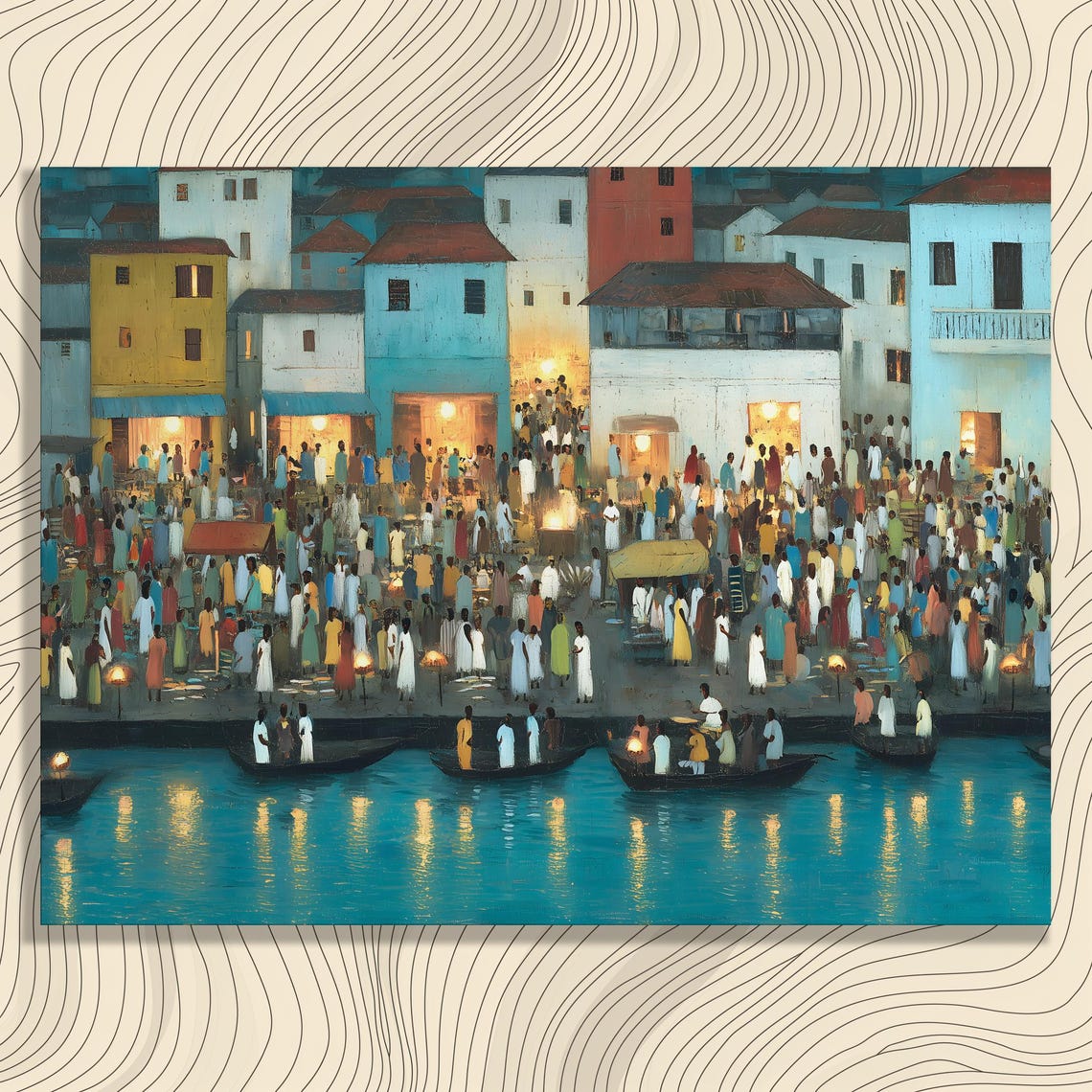 Vibrant Night Market Lantern Lit Waterfront Crowd Canvas Poster