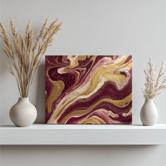 Abstract Gold Swirl Canvas Wall Art Fluid Pour Painting Marbled Burgundy Blush Pink With Metallic Accents Modern Home Decor Print